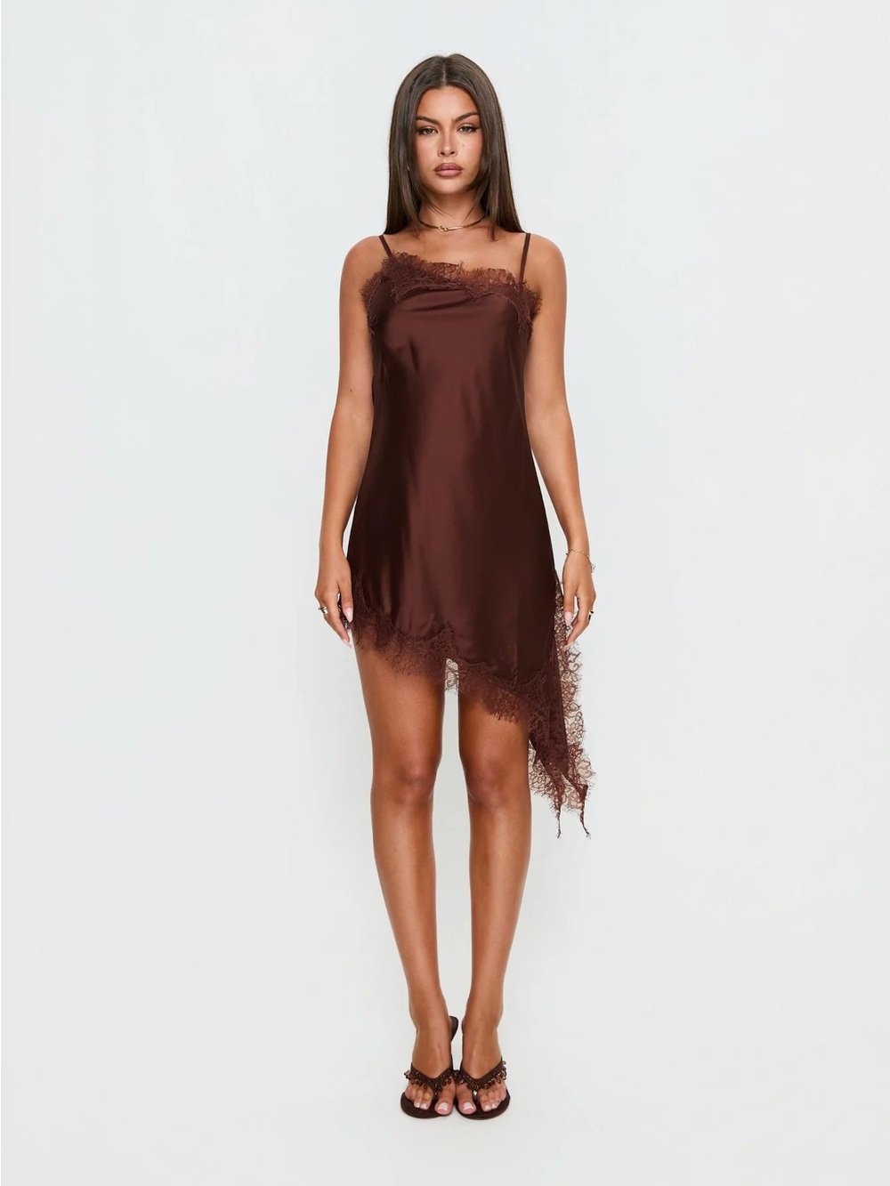Princess Polly Lace Slip Dress Asymmetrical Mini Chocolate Brown Malakhai US 12